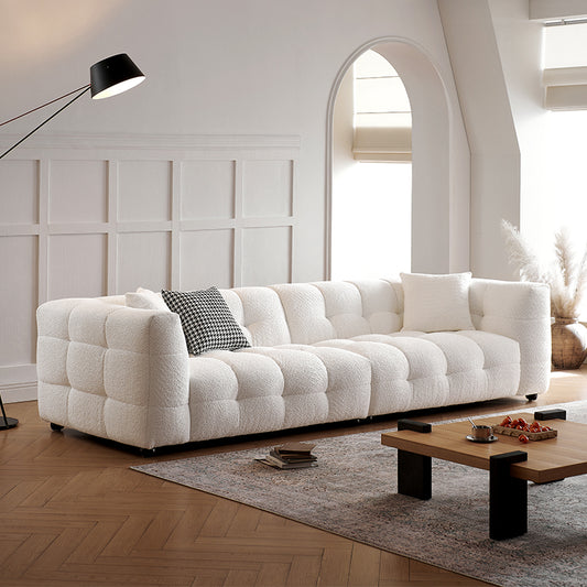 Modern Tufted Boucl¨¦ Sofa in Cream a€?Low Profile 3-Seater with Grid Quilting and Cloud-Like Comfort