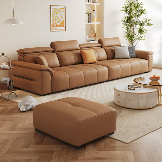 Adjustable Headrest Leather Sectional Sofa in Caramel Brown a€?Modern 4-Seater with Matching Ottoman & Wide Cushions