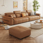 Adjustable Headrest Leather Sectional Sofa in Caramel Brown a€?Modern 4-Seater with Matching Ottoman & Wide Cushions