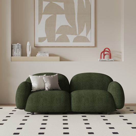Modern Curved Sofa in Deep Green Textured Fabric a€?Cozy 2-Seater with Rounded Silhouette for Stylish Living Rooms and Studios