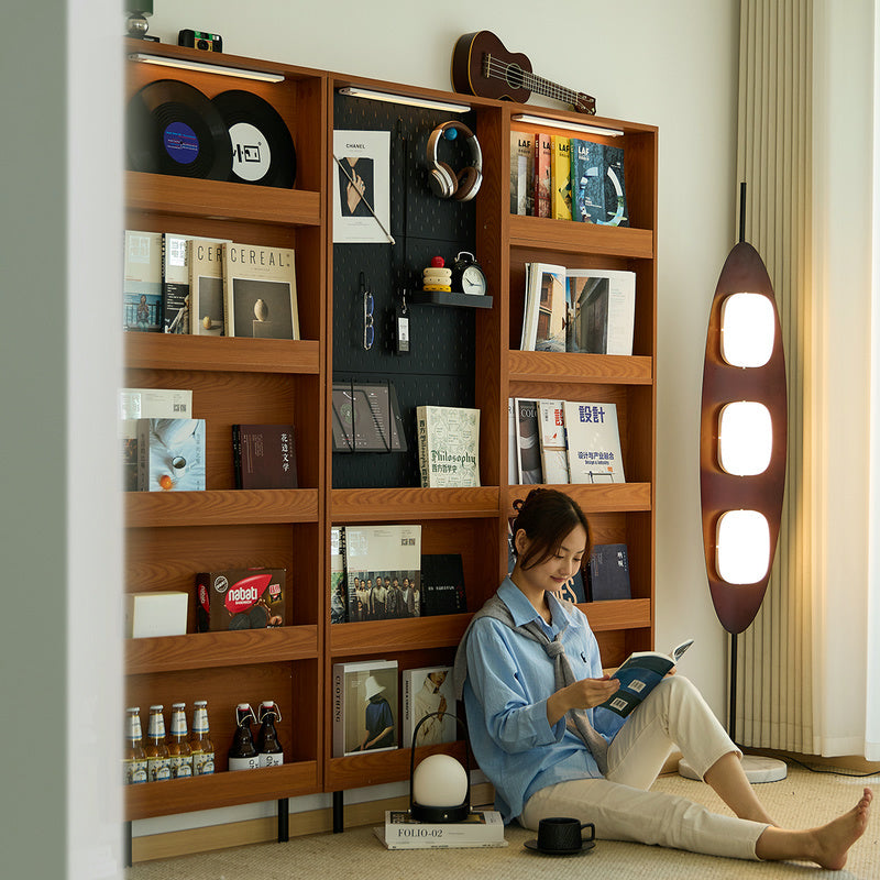 Modern Wall-Mounted Bookshelf with Pegboard Panel and Open Display Ledges, Walnut Wood Organizer for Living Room, Studio, or Reading Nook