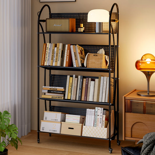 Industrial Metal Bookshelf with Pegboard Back and Lockable Wheels a€?4-Tier Rolling Storage Rack for Home Office or Studio