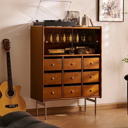 Mid-Century Modern Record Cabinet with Glass Display & 9 Drawers a€?Vintage Wood Vinyl Storage Unit with Metal Legs