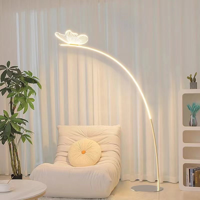 Modern LED Floor Lamp with Butterfly Accent and Curved Light Bar in Gold for Bedroom or Living Room Decor