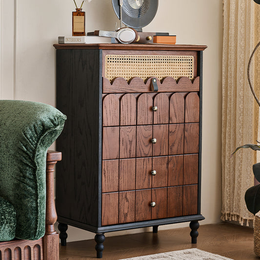 Vintage Boho Wood Chest with Cane Drawer & Arched Carved Front a€?6-Drawer Tall Dresser for Living Room, Bedroom, or Entryway
