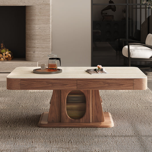 Modern Asian-Inspired Coffee Table with Faux Stone Top, Walnut Wood Base & Hidden Storage for Living Room or Tea Space