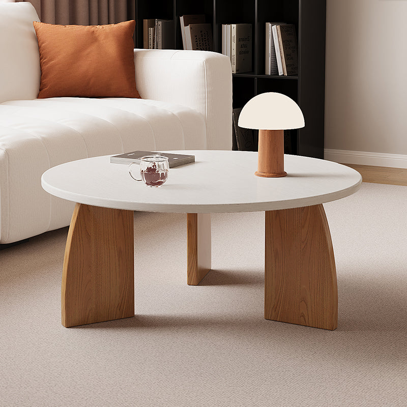 Modern Round Coffee Table with White Top and Curved Wooden Legs a€?Japandi Style Minimalist Center Table for Living Room