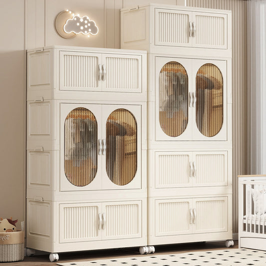 Stackable Kidsa€?Wardrobe Closet with Oval Fluted Glass Doors a€?Rolling Modular Storage Armoire for Nursery or Bedroom