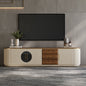 Modern Cream TV Stand with Fluted Doors, Walnut Drawers, and Glass Center Cabinet for Elegant Contemporary Living Rooms