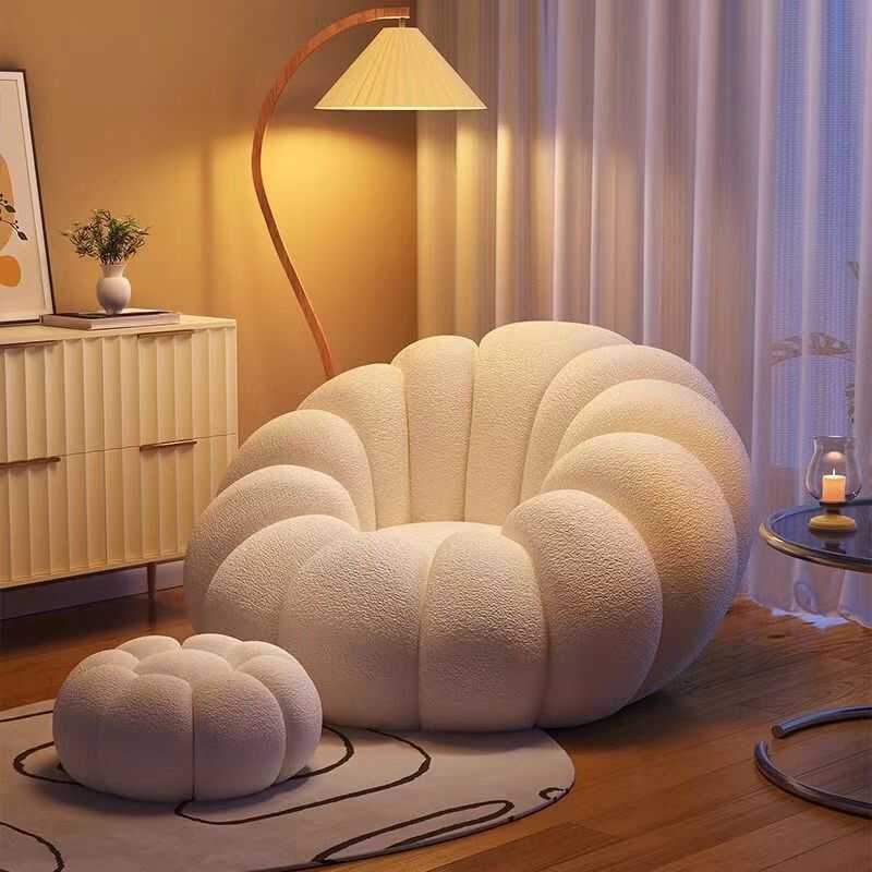 Cloud-Inspired Lounge Chair and Ottoman Set with Cream Boucl¨¦ Upholstery and Petal-Shaped Design for Cozy Living Room or Bedroom Corner