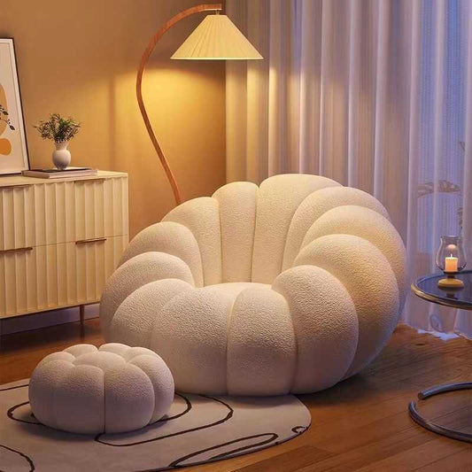 Cloud-Inspired Lounge Chair and Ottoman Set with Cream Boucl¨¦ Upholstery and Petal-Shaped Design for Cozy Living Room or Bedroom Corner