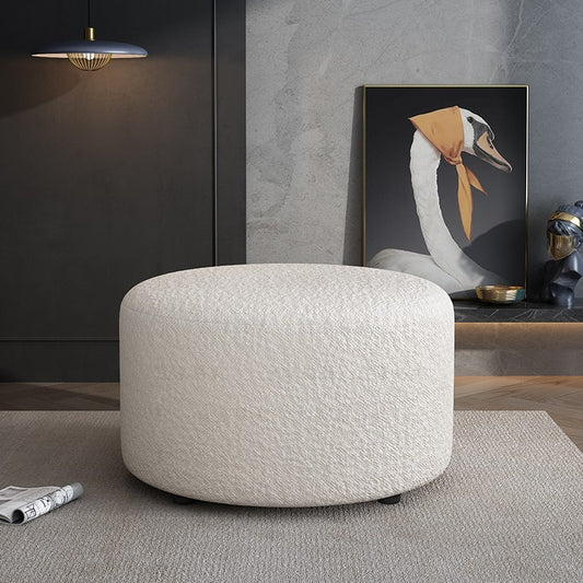 Modern Round Ottoman with Boucle Upholstery in Cream for Living Room Bedroom or Lounge Seating Accent