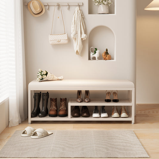 Minimalist Cream Entryway Bench with Cushioned Seat and Double Tier Shoe Rack
