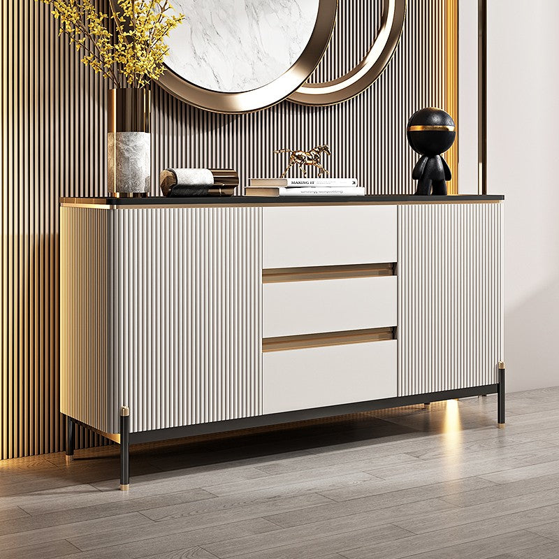 Luxury Modern Sideboard Buffet Cabinet with Fluted Doors & Gold Accents a€?3-Drawer Storage Console for Dining Room or Entryway