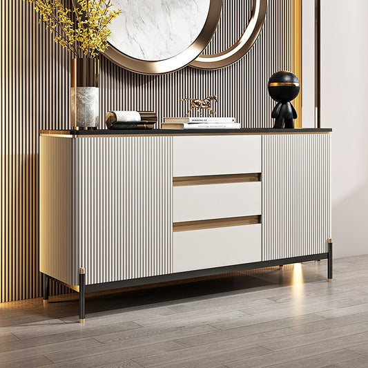 Luxury Modern Sideboard Buffet Cabinet with Fluted Doors & Gold Accents a€?3-Drawer Storage Console for Dining Room or Entryway