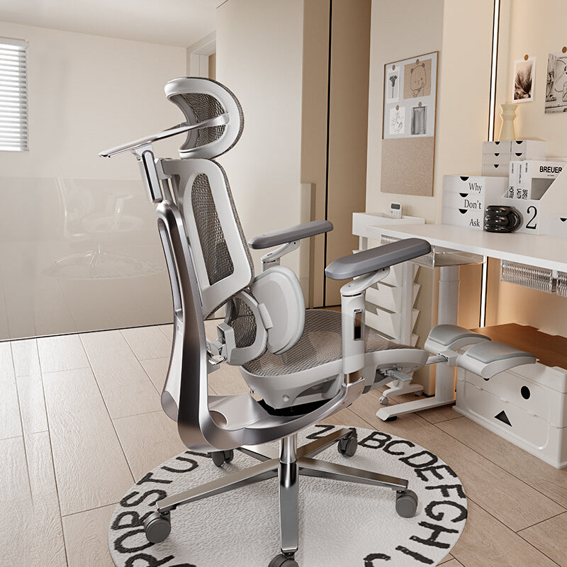 Ergonomic Executive Office Chair with Adjustable Headrest 4D Armrests and Extendable Footrest in Mesh and Metal Finish