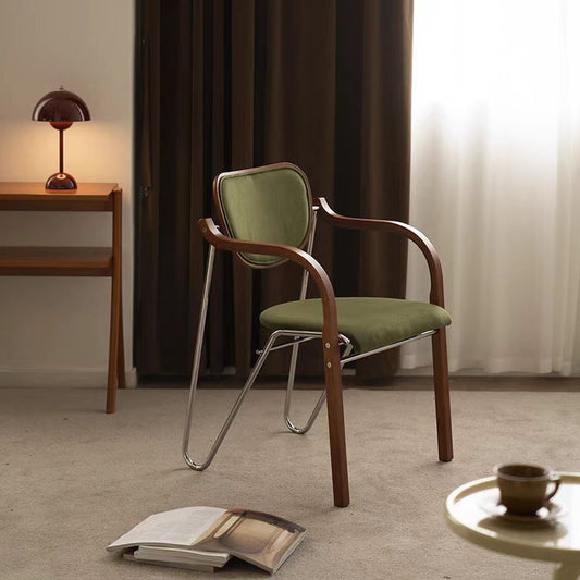 Mid-Century Modern Accent Chair with Olive Green Upholstery, Wood Frame and Metal Legs for Study or Lounge Space