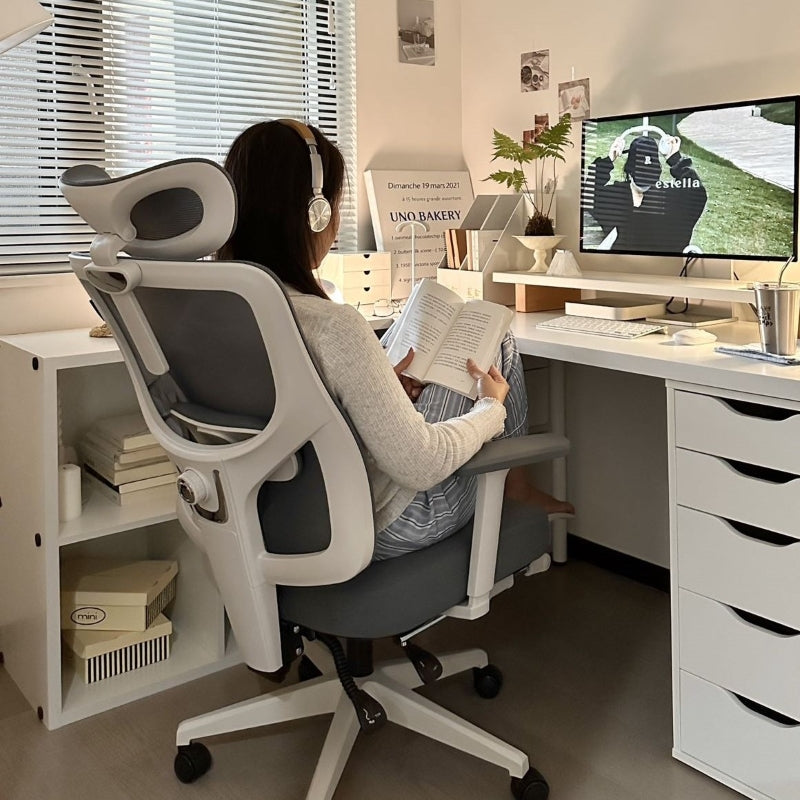 Ergonomic Reclining Office Chair with Adjustable Headrest Lumbar Support and Footrest in Gray and White for Home Office or Study