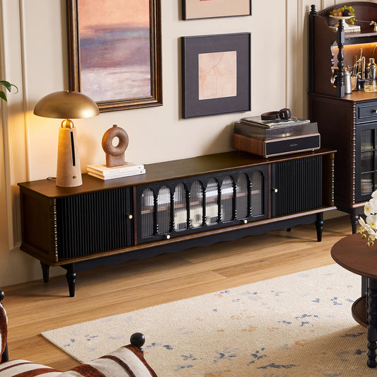 Vintage-Inspired Dark Wood TV Stand with Fluted Glass Doors and Arched Details for Classic or Mid-Century Living Rooms