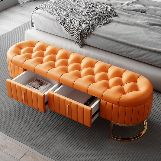 Tufted Faux Leather Bedroom Bench with Storage Drawers and Gold Metal Base