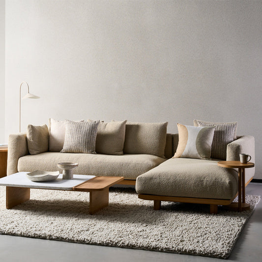 Wabi-Sabi Boucl¨¦ Sectional Sofa a€?L-Shaped Lounge in Cream with Solid Wood Base