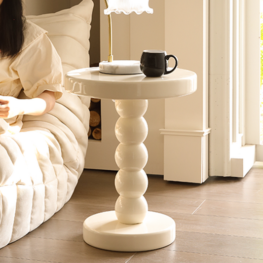 Glossy Modern Side Table with Sculptural Bead-Like Pedestal for Bedroom or Living Room