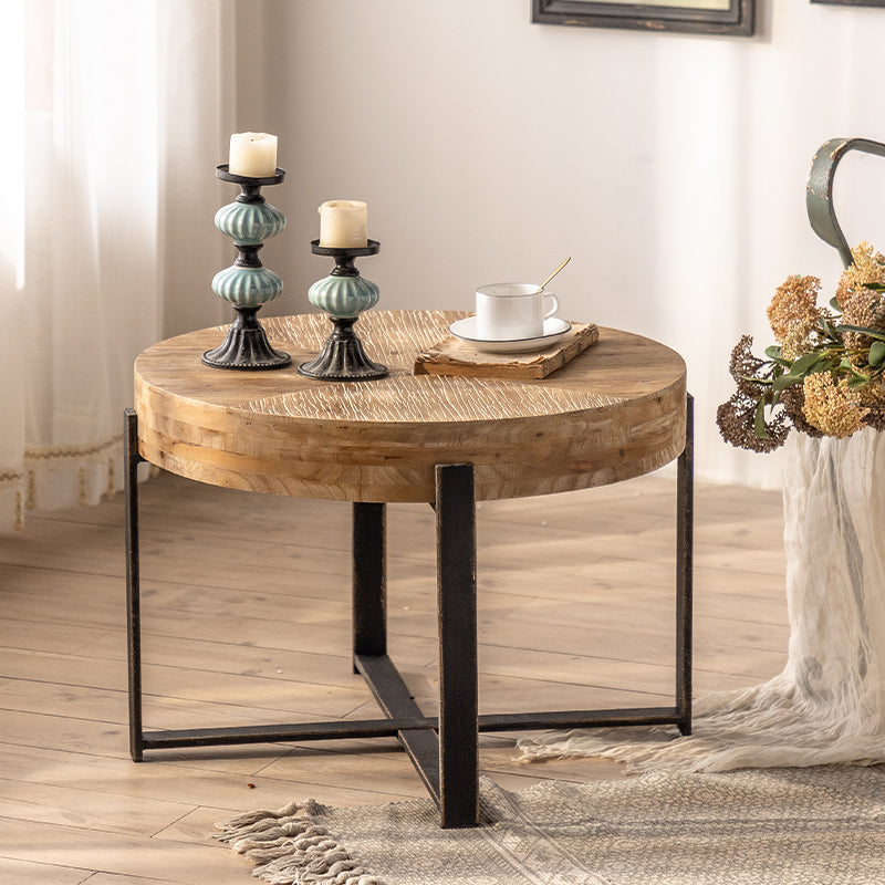 Rustic Round Side Table with Solid Wood Top and Black Iron Frame a€?Industrial Farmhouse Accent Table for Living Room or Bedroom