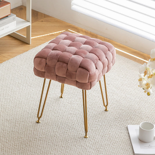 Square Velvet Woven Ottoman Stool with Gold Metal Legs in Blush Pink for Bedroom Vanity or Modern Glam Accent Seating