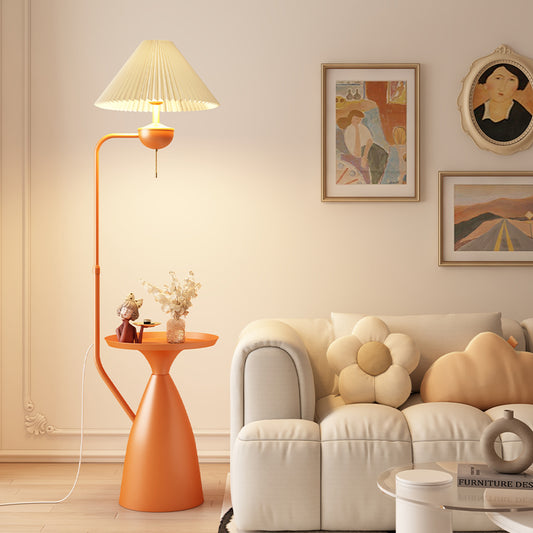 Retro Floor Lamp with Pleated Shade and Built-In Orange Side Table for Living Room or Bedroom