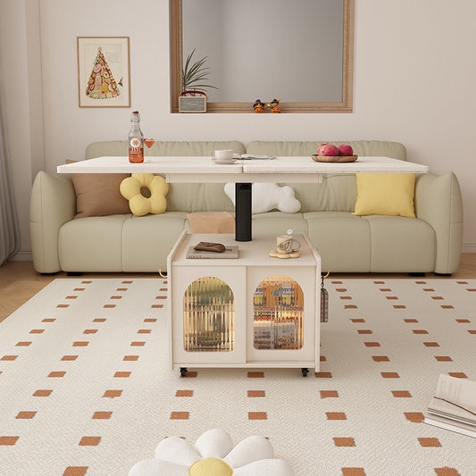 Cute Lift Top Coffee Table with Arched Glass Doors, Storage Cabinet & Wheels a€?Multifunctional Table for Small Living Spaces