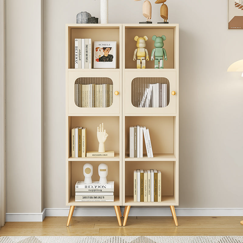 Mid-Century Modern Tall Bookshelf with Glass Cabinet Doors, Retro-Inspired Bookcase with Tapered Legs for Living Room or Bedroom