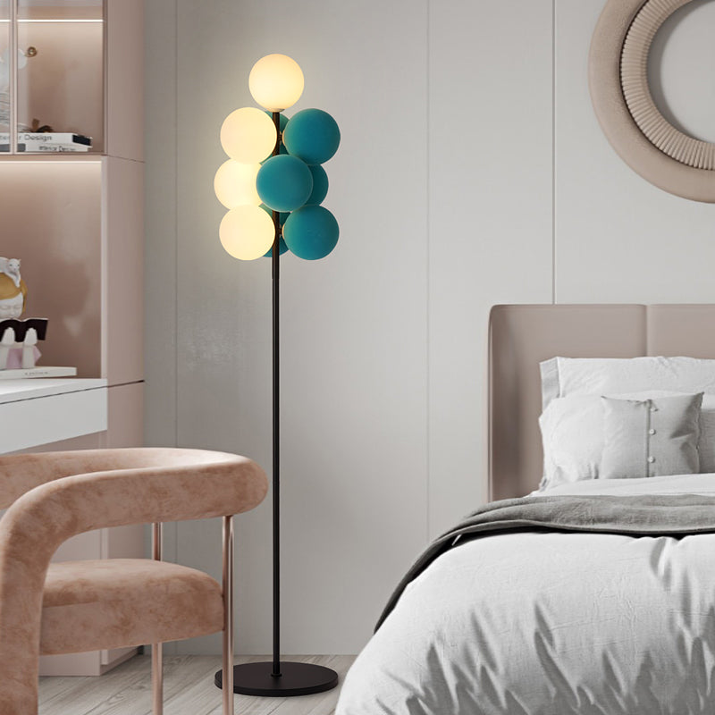 Modern Cluster Globe Floor Lamp with Teal and White Spheres on Black Stand for Bedroom or Creative Living Spaces