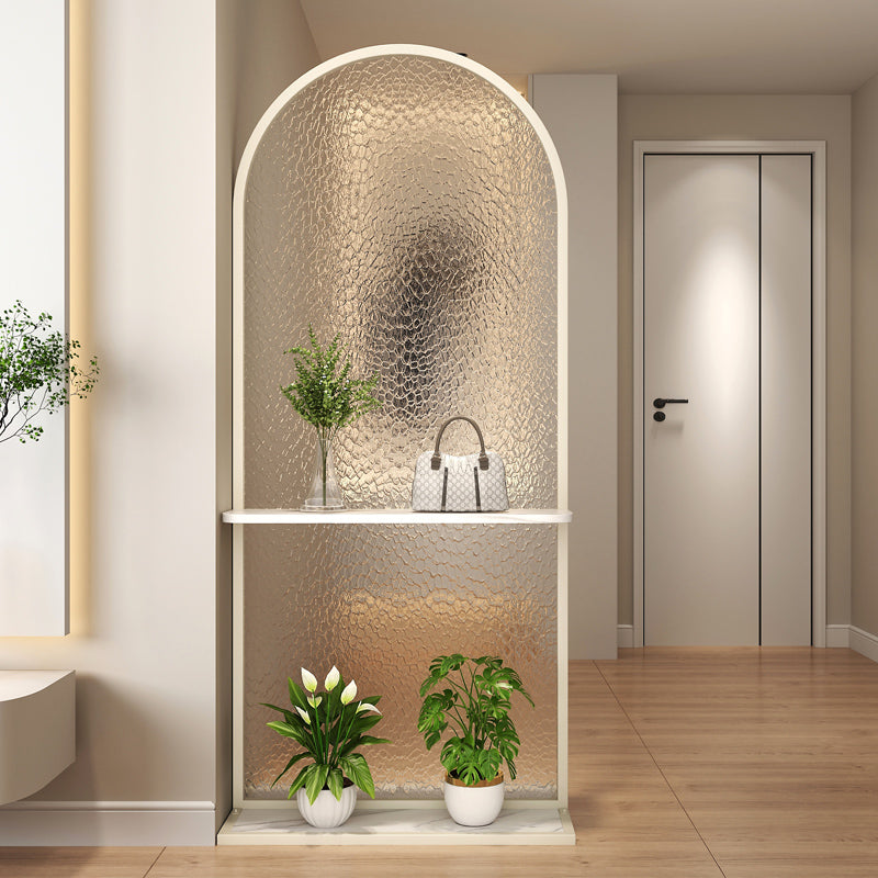 Arched Textured Glass Room Divider with Dual Display Shelves and White Metal Frame for Entryway or Living Room