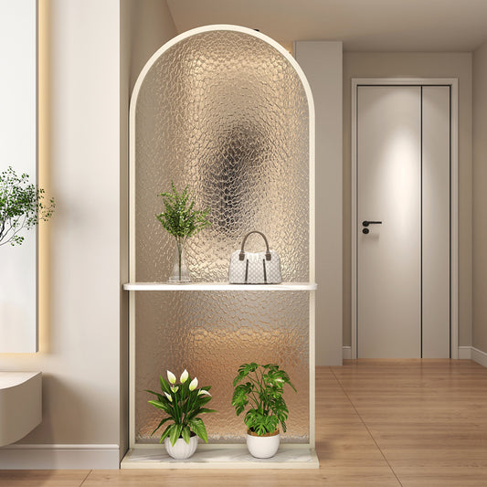 Arched Textured Glass Room Divider with Dual Display Shelves and White Metal Frame for Entryway or Living Room