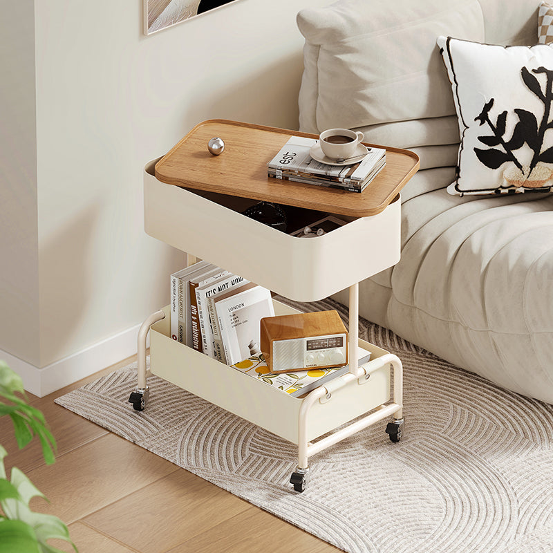 Mobile Side Table with Wood Top and Storage Shelves on Wheels for Living Room or Bedroom