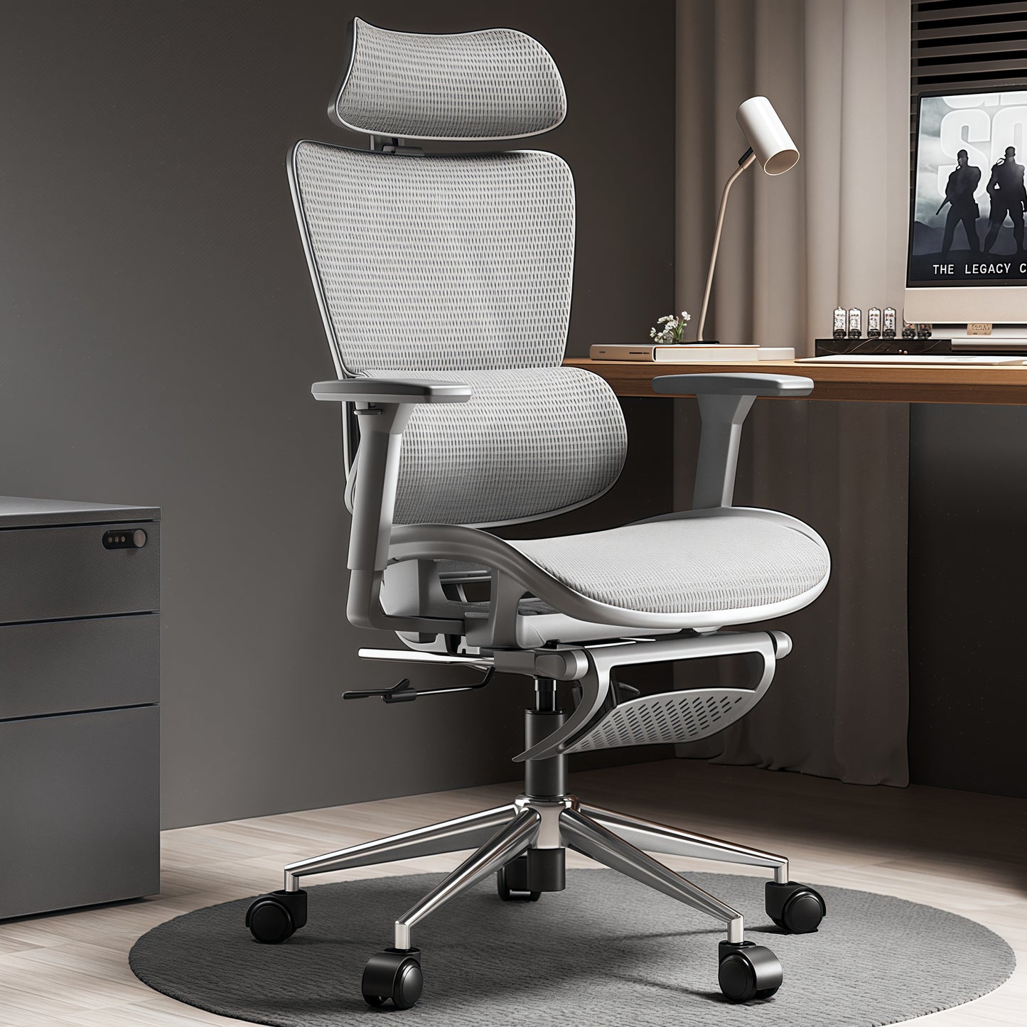High Back Ergonomic Office Chair with Full Mesh Seat Adjustable Headrest Lumbar Support and Recline Function in Gray