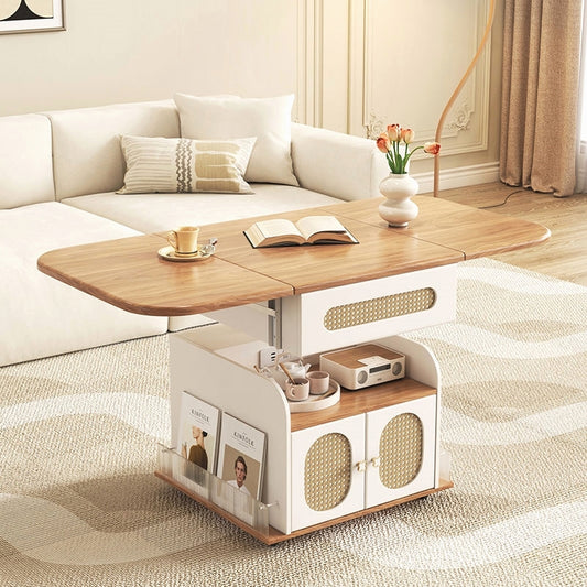 Lift Top Coffee Table with Expandable Dining Surface Storage Shelves and Cabinets for Living Room Dining or Home Office Use