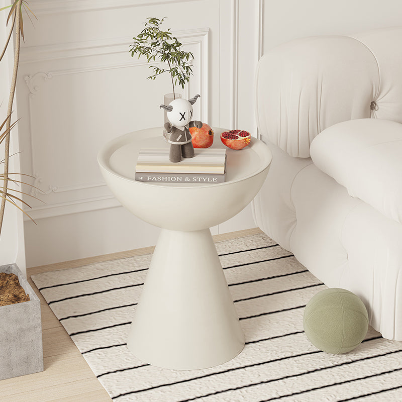 Modern Sculptural Cream Side Table with Cone Pedestal Base and Curved Tray Top for Living Room Bedroom or Minimalist Interior