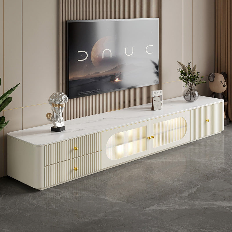 Modern Low Profile TV Stand with Fluted Doors Glass Cabinet and Marble Top for Living Room Entertainment and Media Storage