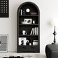 Modern Arched Black Bookshelf with Open Shelves and Lower Storage Drawers for Living Room Bedroom or Office Display and Organization