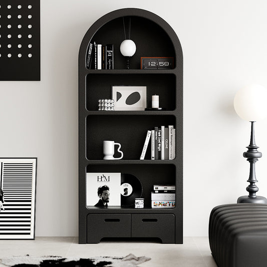 Modern Arched Display Bookshelf with Matte Black Finish and Storage Drawers for Living Room Bedroom or Office Decor and Organization