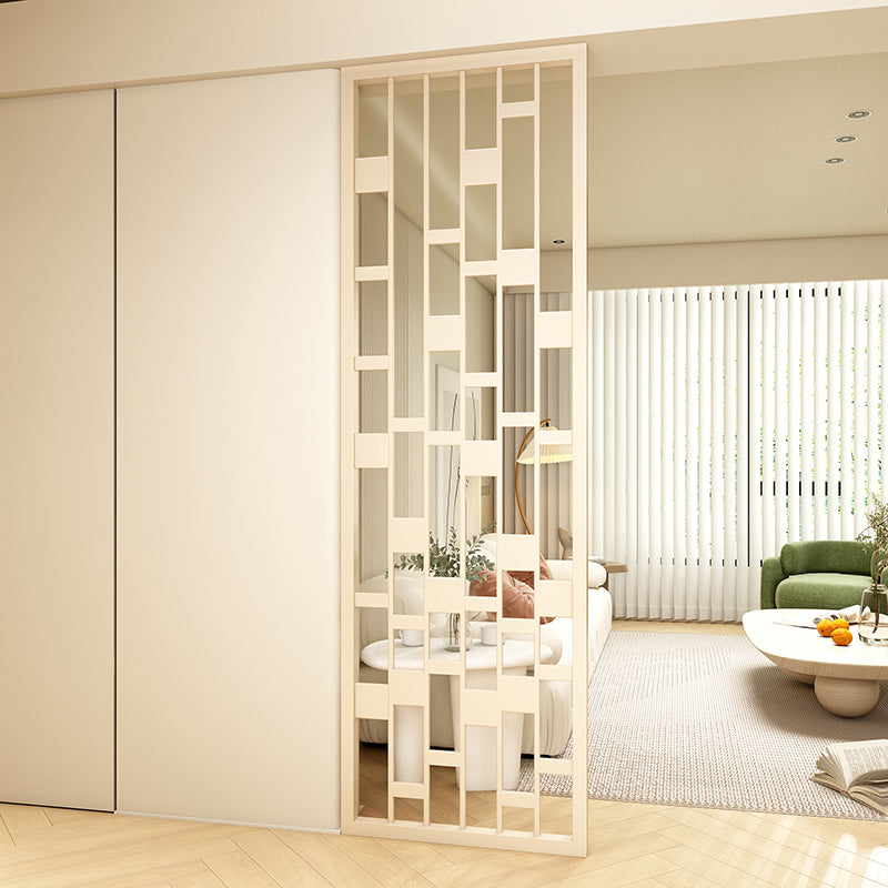 Geometric Room Divider with Openwork Square Pattern and Neutral Wood Finish for Modern Living Room or Entryway Space Separation