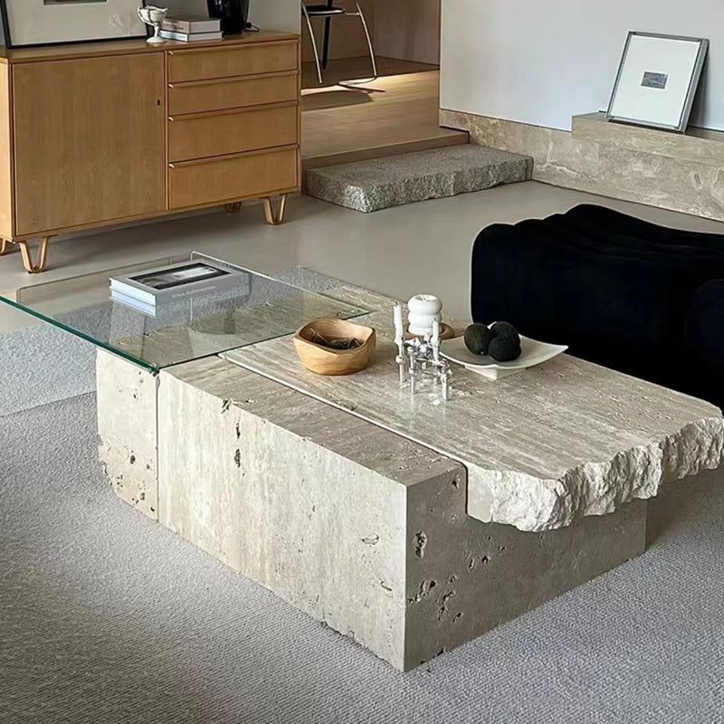 Modern Rectangular Coffee Table with Raw Edge Natural Stone Base and Clear Glass Top for Living Room or Designer Lounge Space