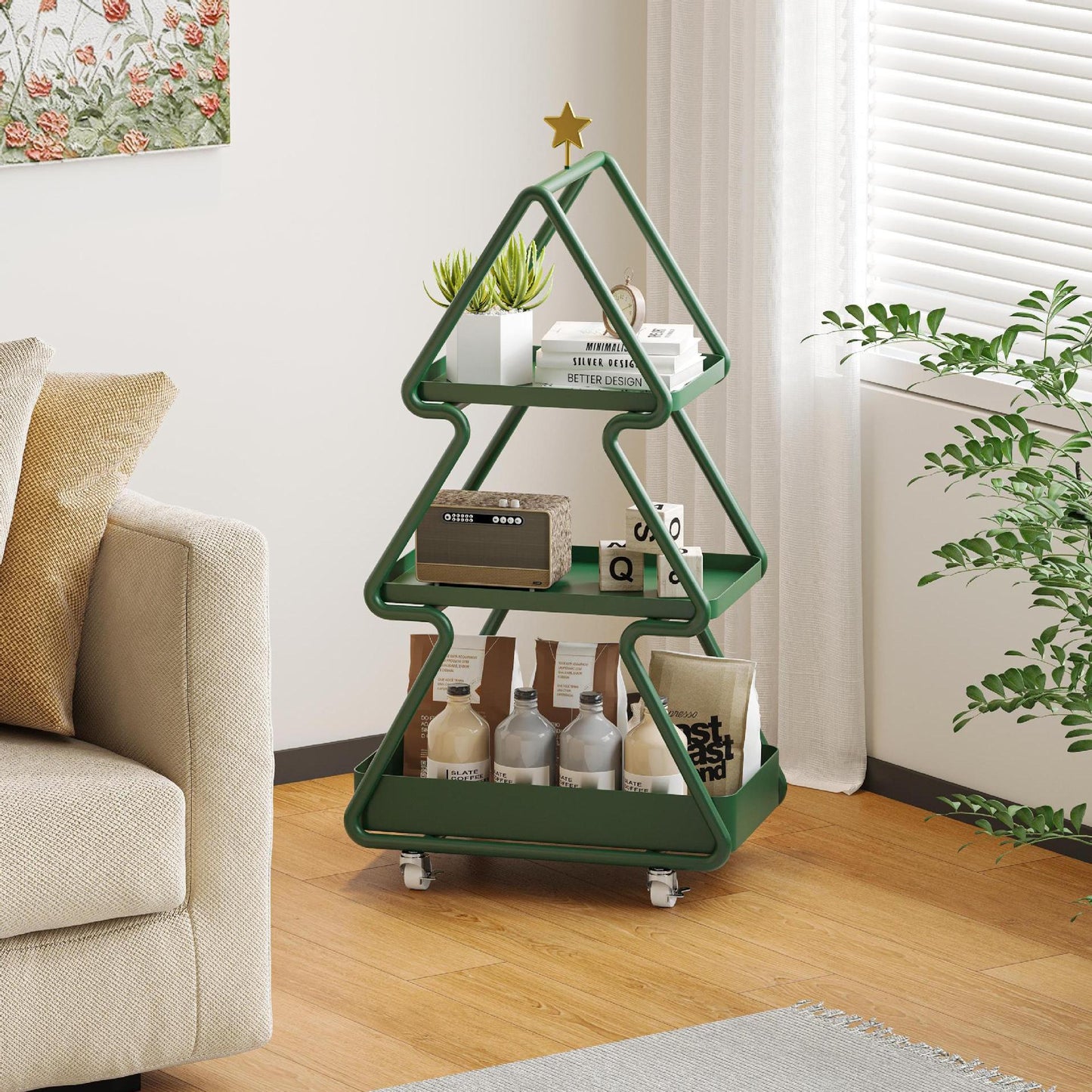 Christmas Tree Shaped Rolling Storage Shelf with Three Tiers and Star Top for Holiday Decoration Living Room or Kitchen Display