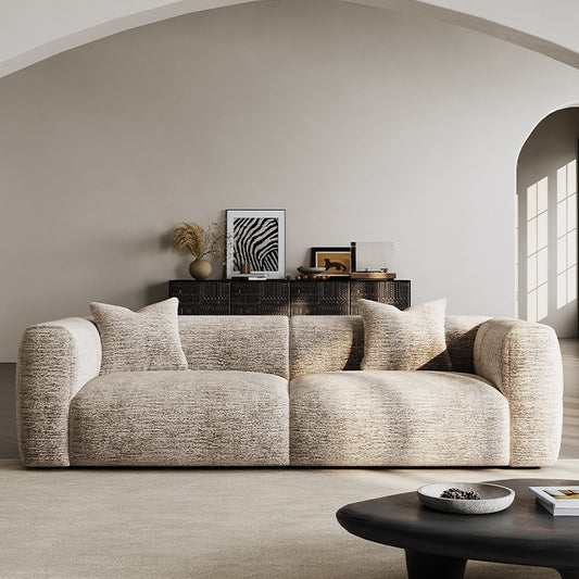 Modern Deep Seat Loveseat in Textured Beige Upholstery with Oversized Cushions and Rounded Frame for Contemporary Living Interiors