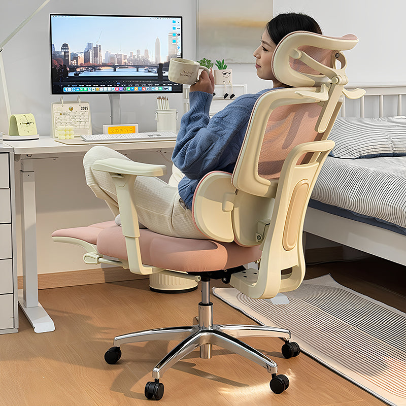 Ergonomic Pink Mesh Office Chair with Adjustable Headrest and Lumbar Support for Gaming or Study Desk in Bedroom or Home Office