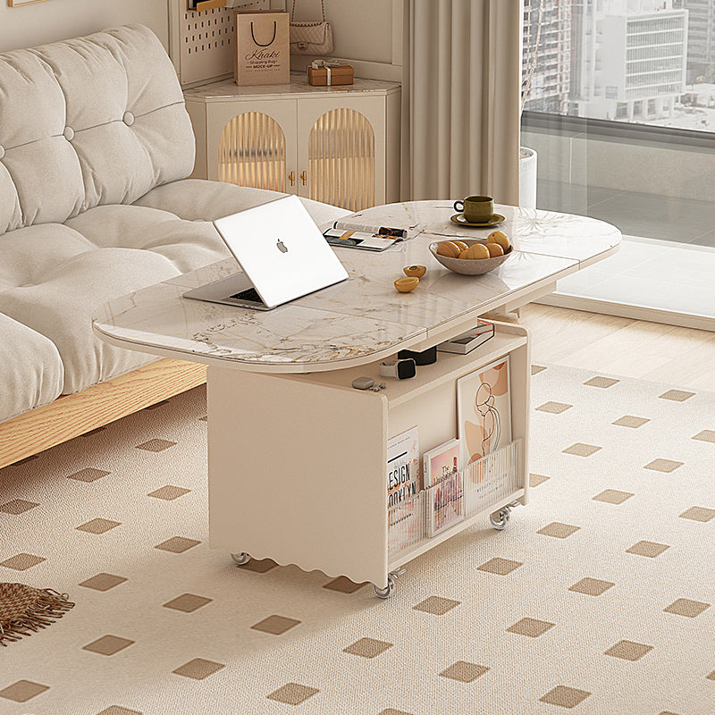 Lift Top Coffee Table with Faux Marble Surface Storage Shelves and Rolling Casters for Living Room Dining and Home Office Use