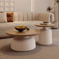 Modern Round Coffee Table Set with Smooth Cream Base and Natural Wood Top for Minimalist Living Room or Nordic Inspired Lounge Area