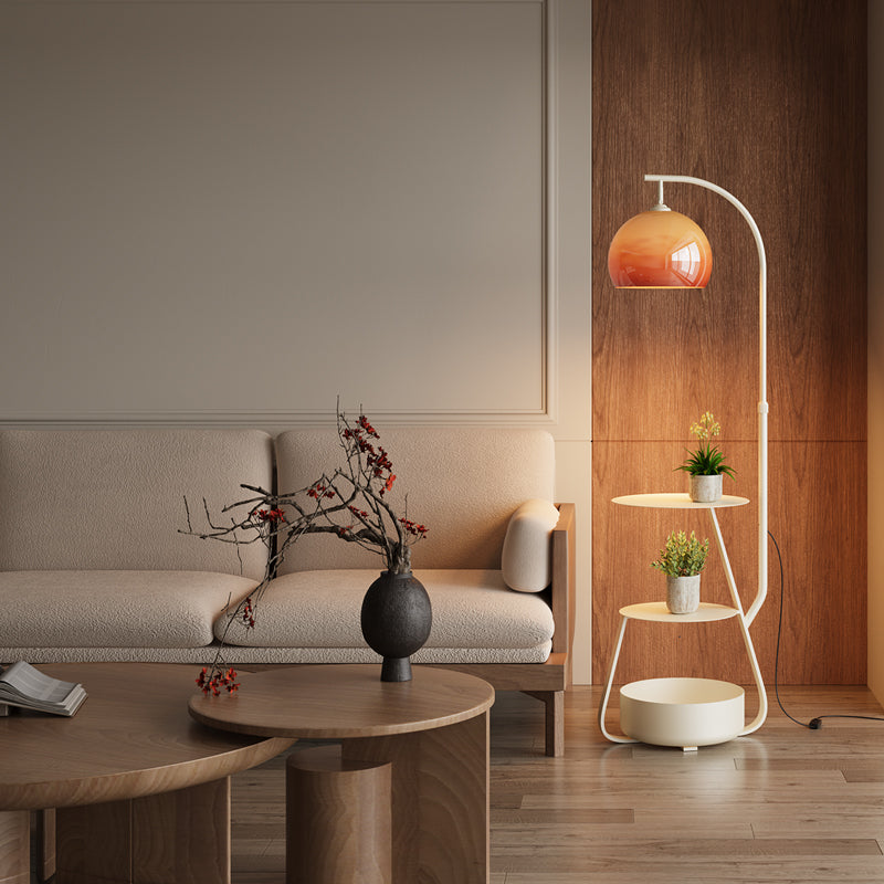 Modern Floor Lamp with Amber Glass Shade and Three Tier Storage Shelves in Cream Finish for Living Room Bedroom or Office Decor