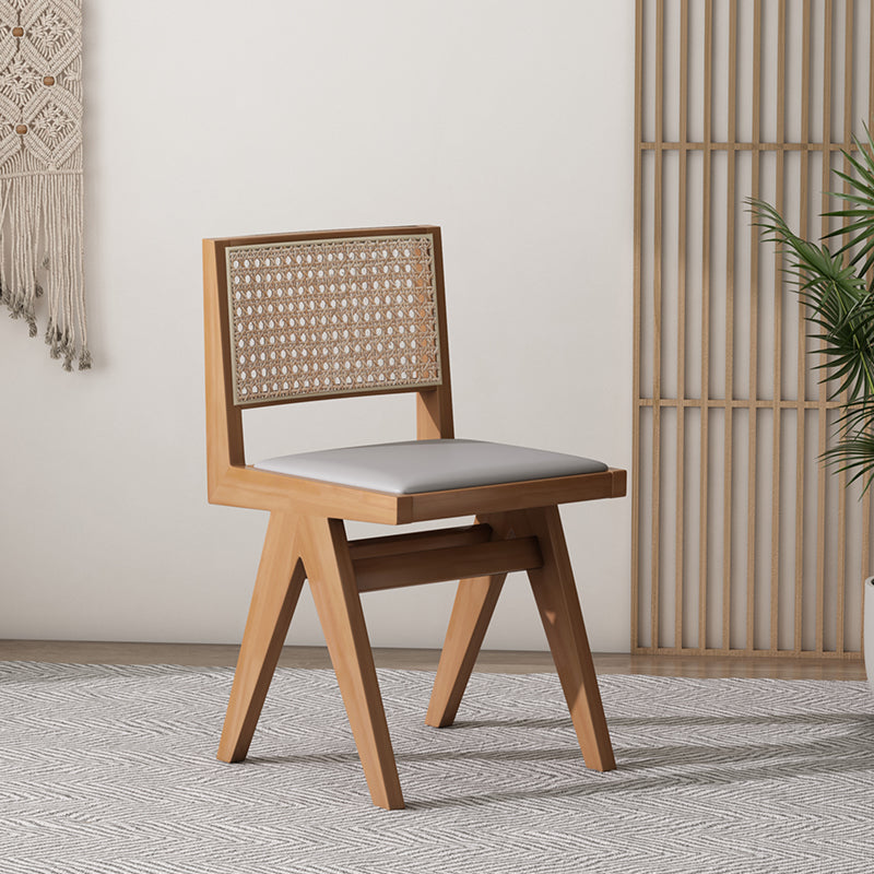 Modern Wooden Accent Chair with Woven Cane Back and Upholstered Seat for Dining Living or Minimalist Boho Style Interiors